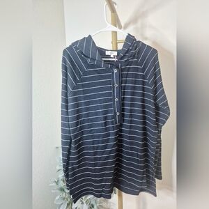 ENTRO Black and White Striped Hooded Henley